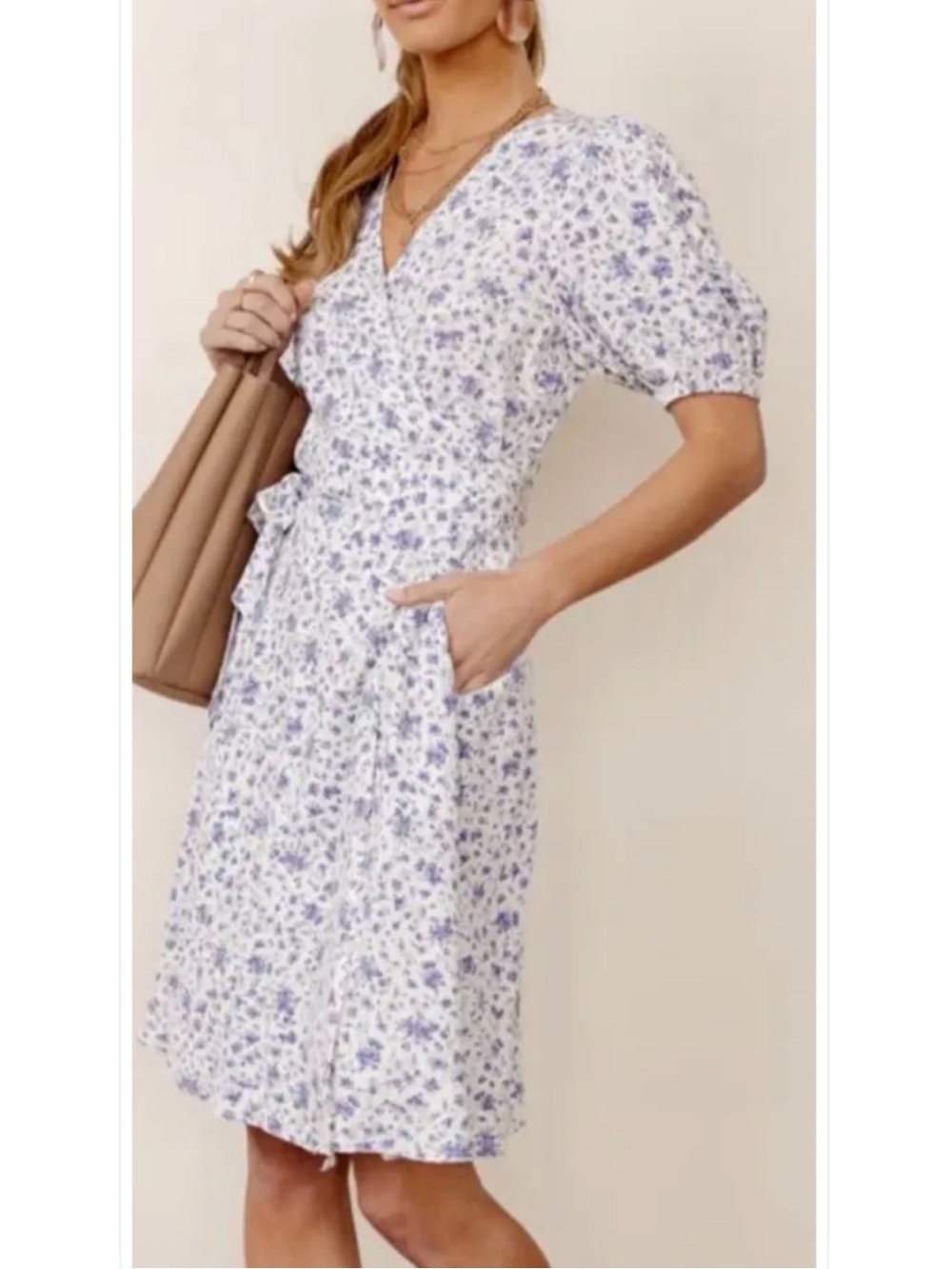 bohme White and Blue Floral Wrap Mini Dress
